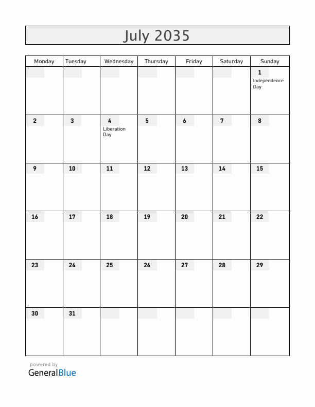 Rwanda July 2035 Calendar with Holidays