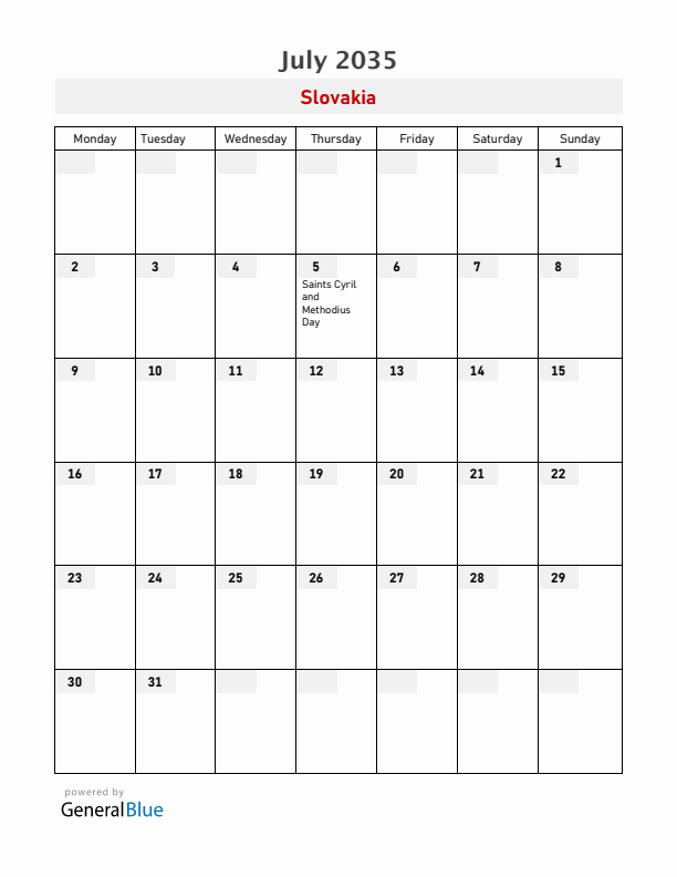 Slovakia July 2035 Calendar with Holidays