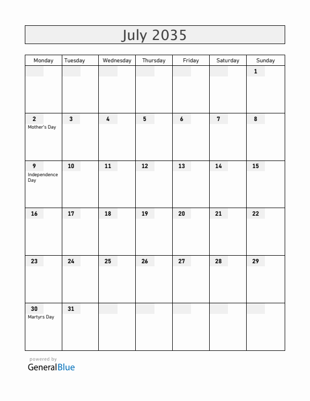 South Sudan July 2035 Calendar with Holidays