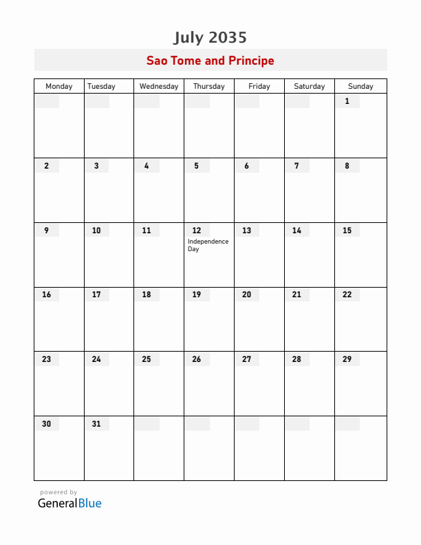 Sao Tome and Principe July 2035 Calendar with Holidays