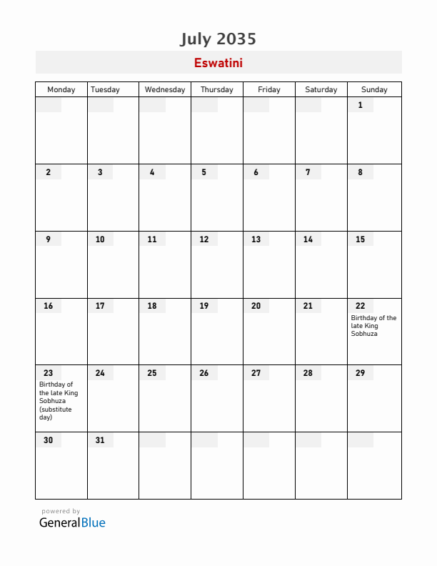 Eswatini July 2035 Calendar with Holidays