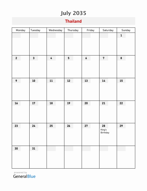 Thailand July 2035 Calendar with Holidays
