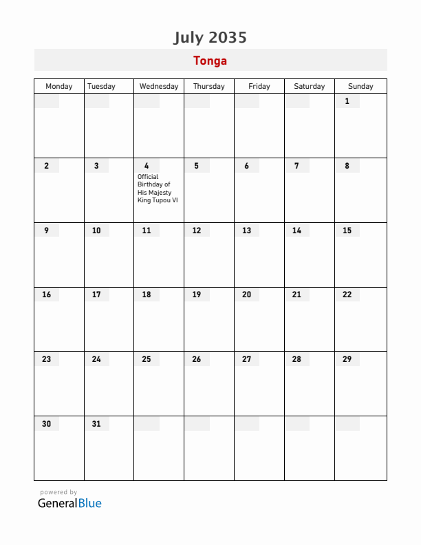 Tonga July 2035 Calendar with Holidays