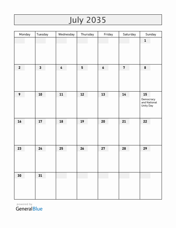 Turkey July 2035 Calendar with Holidays