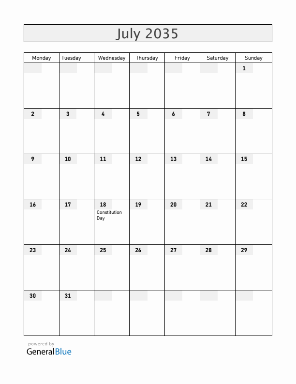 Uruguay July 2035 Calendar with Holidays