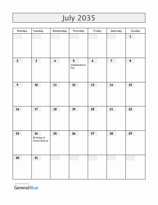 Venezuela July 2035 Calendar with Holidays