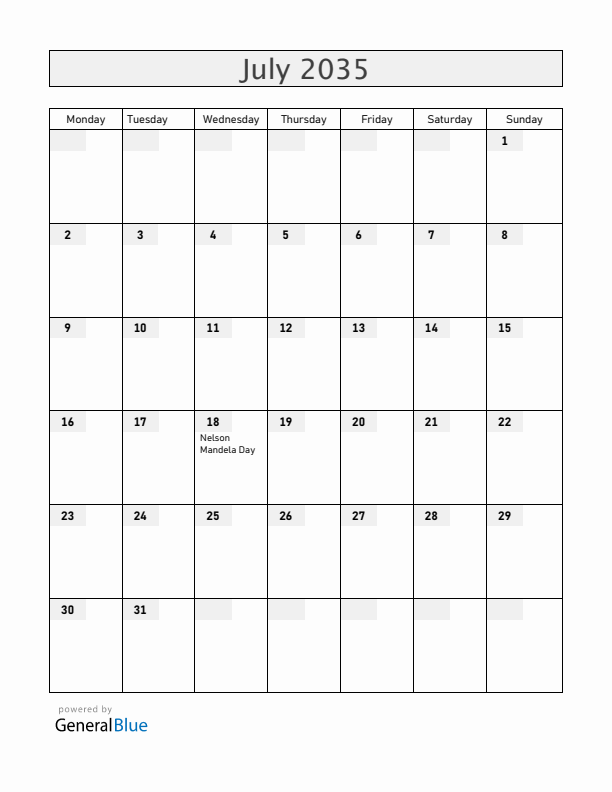 South Africa July 2035 Calendar with Holidays
