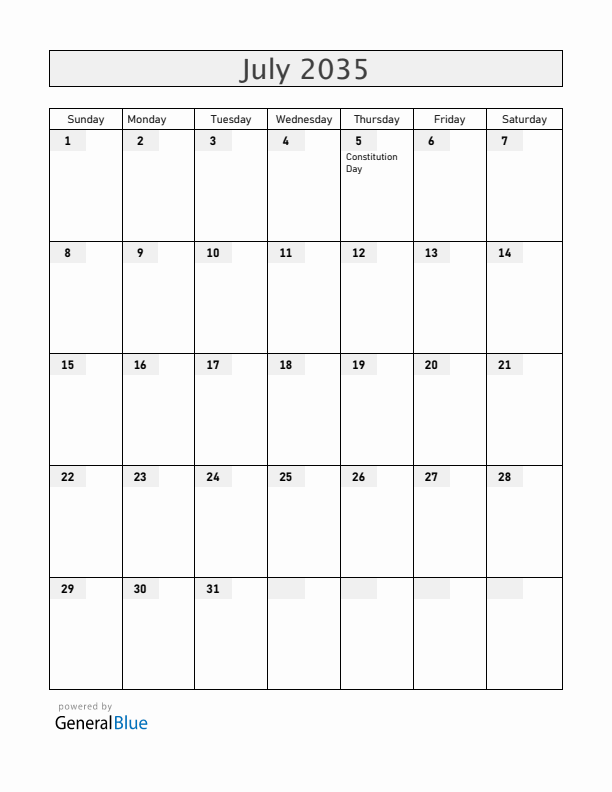Armenia July 2035 Calendar with Holidays