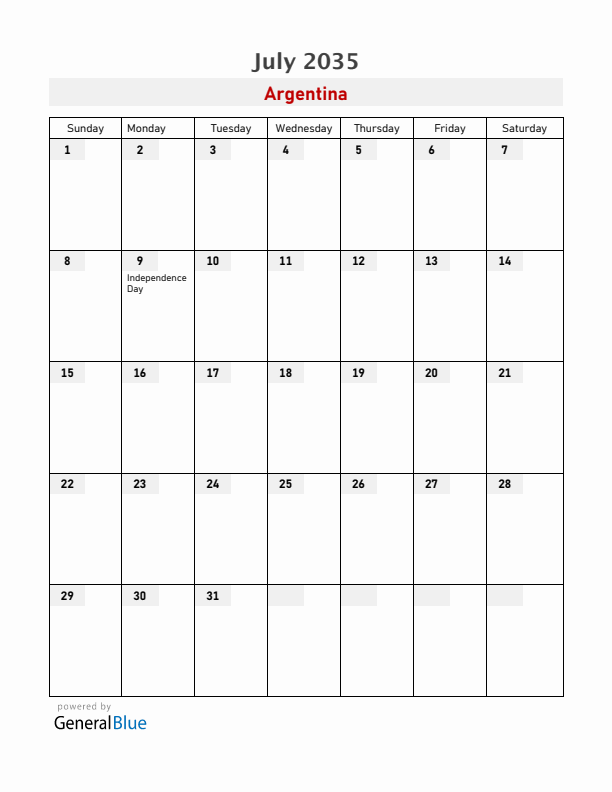 Argentina July 2035 Calendar with Holidays