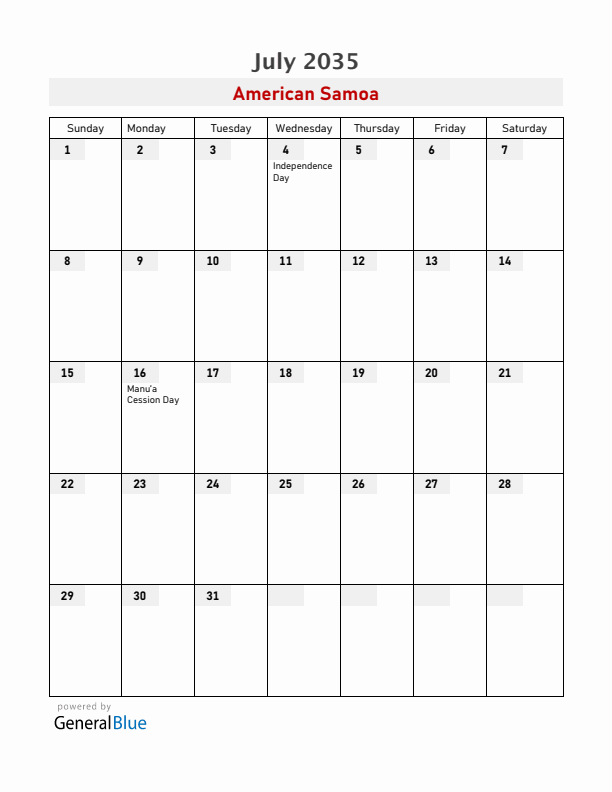 American Samoa July 2035 Calendar with Holidays