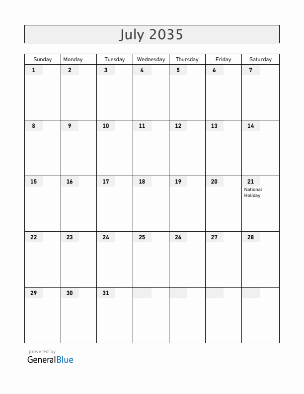 Belgium July 2035 Calendar with Holidays