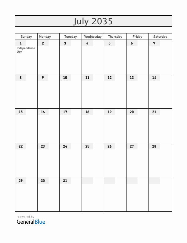 Burundi July 2035 Calendar with Holidays