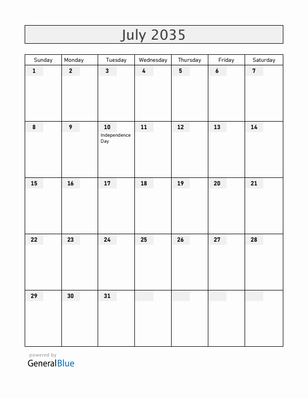 Bahamas July 2035 Calendar with Holidays
