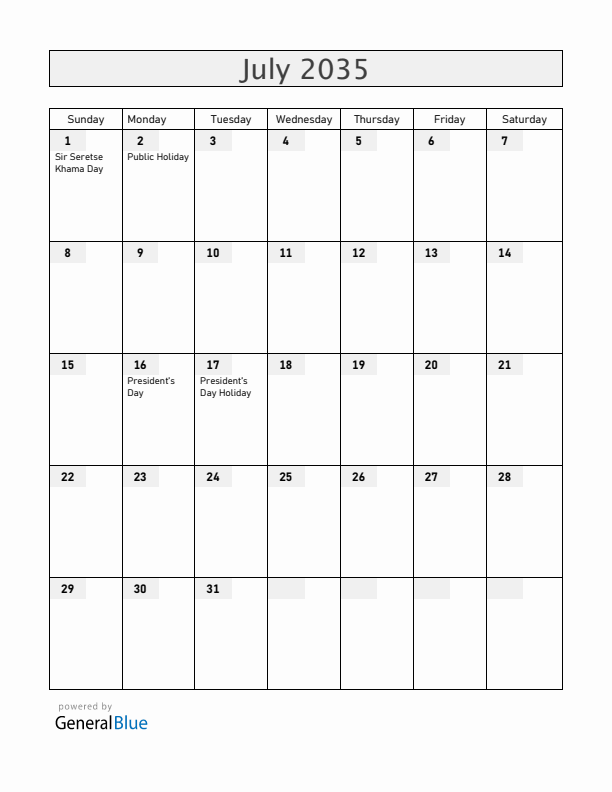 Botswana July 2035 Calendar with Holidays
