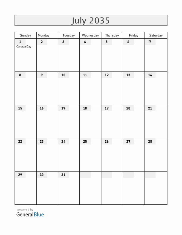 Canada July 2035 Calendar with Holidays