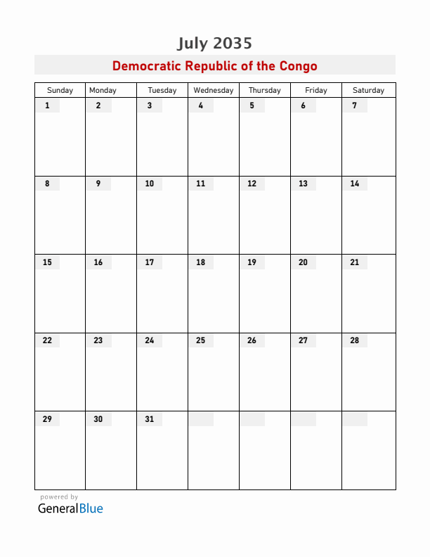 Democratic Republic of the Congo July 2035 Calendar with Holidays