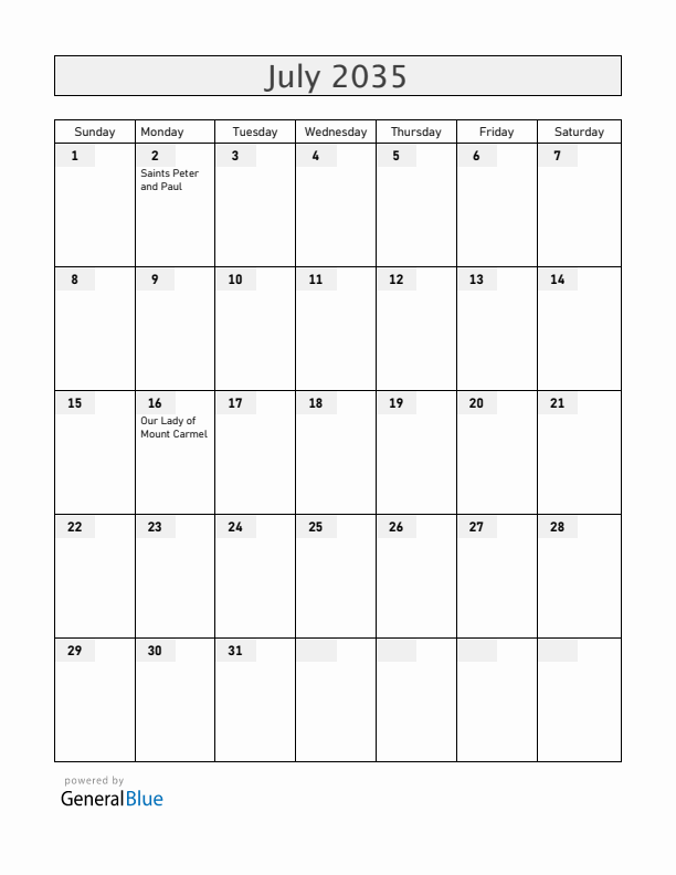 Chile July 2035 Calendar with Holidays