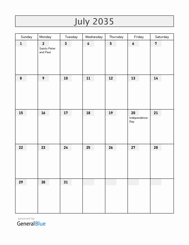 Colombia July 2035 Calendar with Holidays