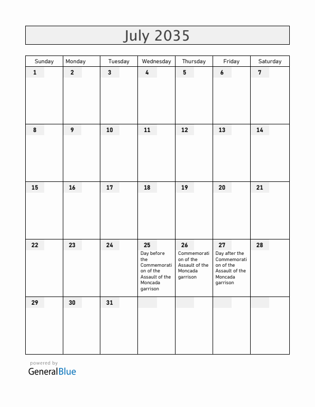 Cuba July 2035 Calendar with Holidays