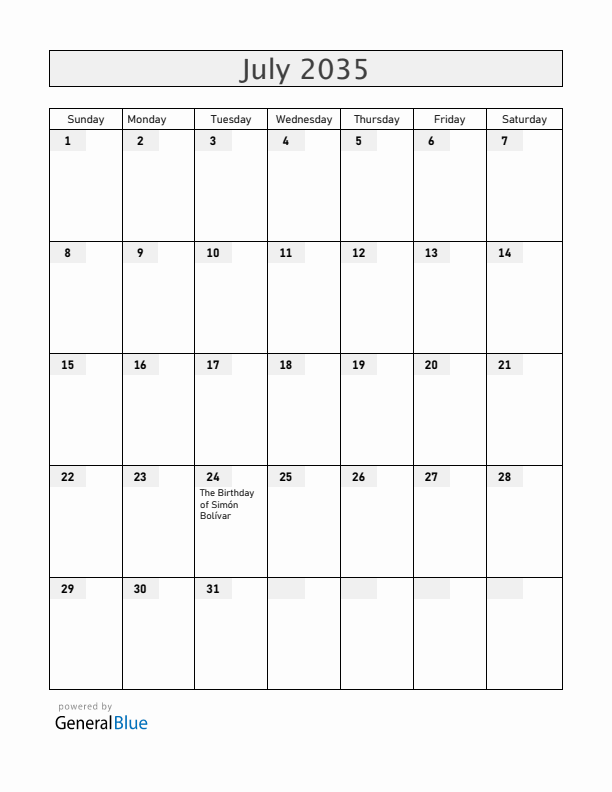 Ecuador July 2035 Calendar with Holidays