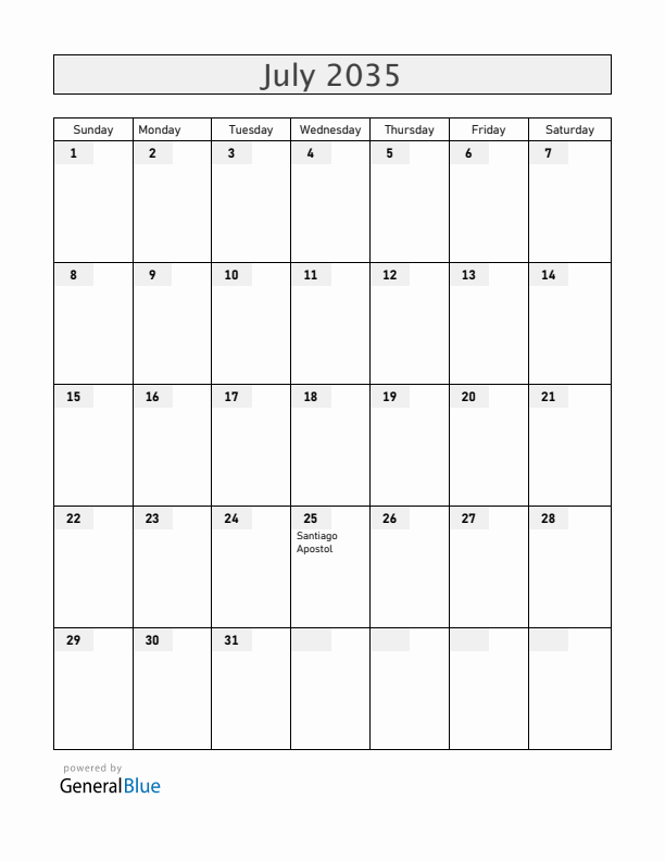 Spain July 2035 Calendar with Holidays
