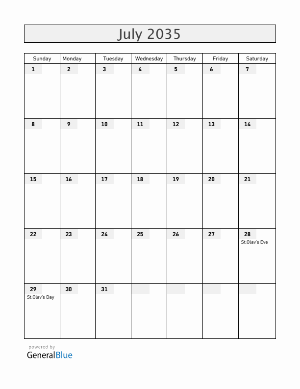 Faroe Islands July 2035 Calendar with Holidays