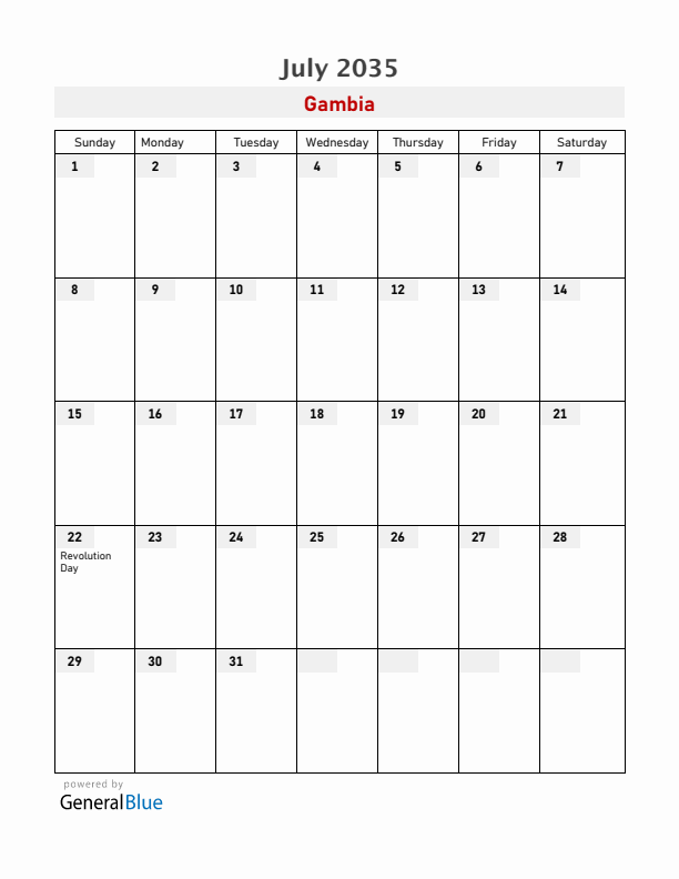 Gambia July 2035 Calendar with Holidays