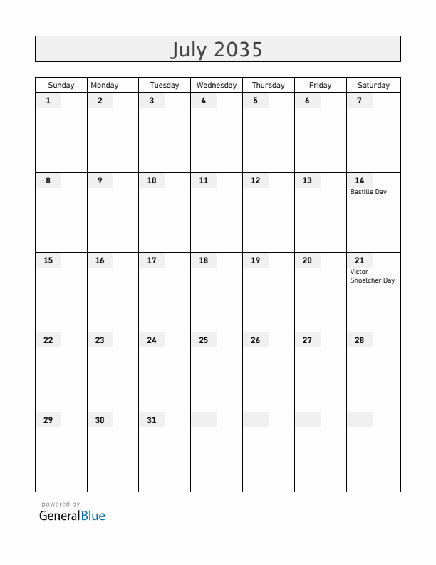 Guadeloupe July 2035 Calendar with Holidays