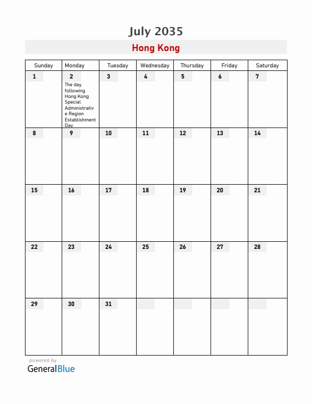 Hong Kong July 2035 Calendar with Holidays