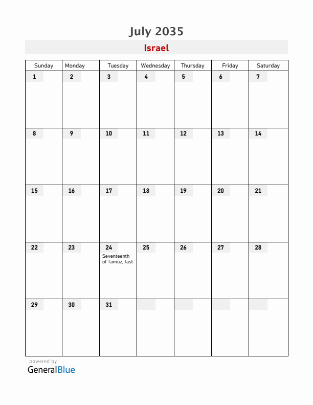 Israel July 2035 Calendar with Holidays
