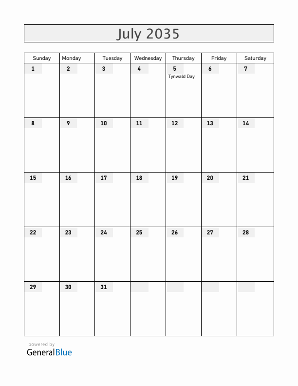 Isle of Man July 2035 Calendar with Holidays