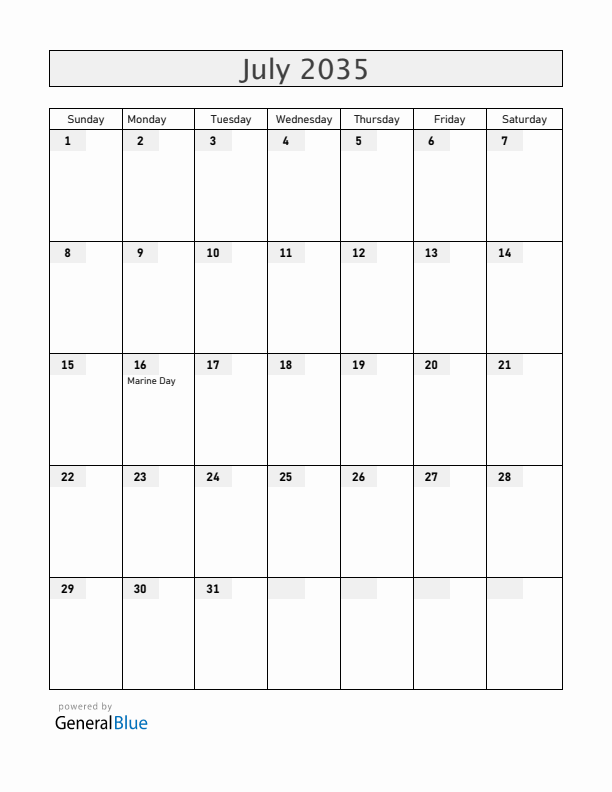 Japan July 2035 Calendar with Holidays