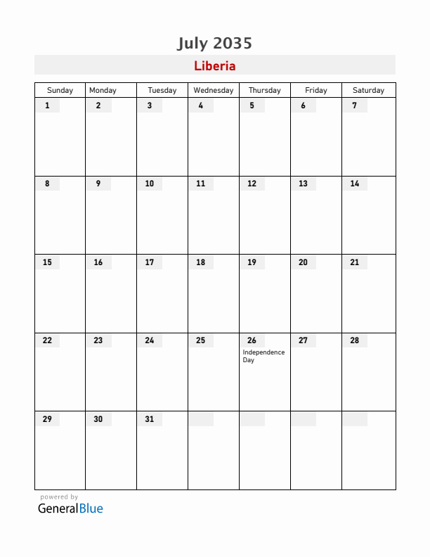 Liberia July 2035 Calendar with Holidays
