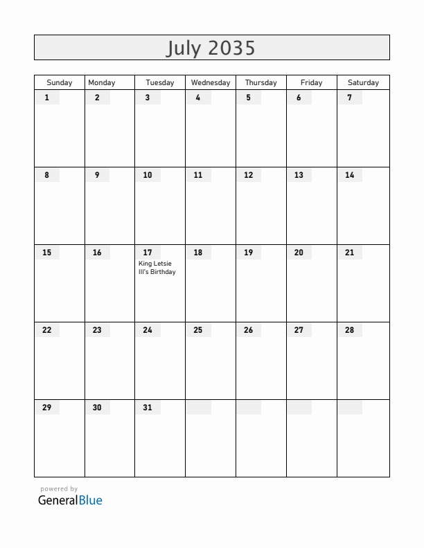Lesotho July 2035 Calendar with Holidays