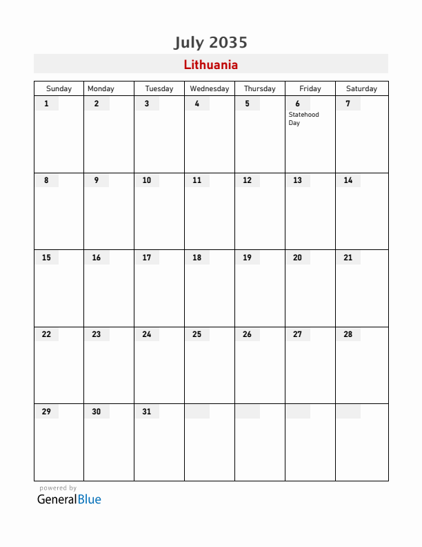 Lithuania July 2035 Calendar with Holidays