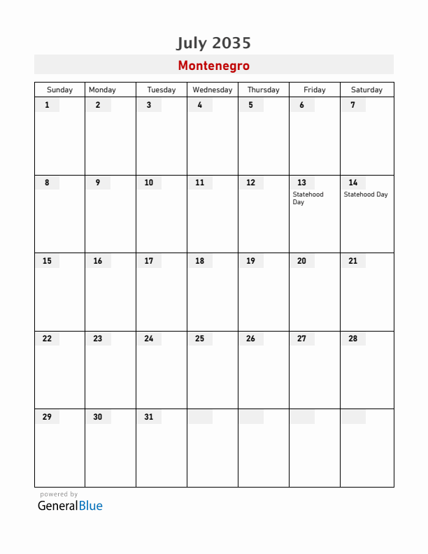 Montenegro July 2035 Calendar with Holidays