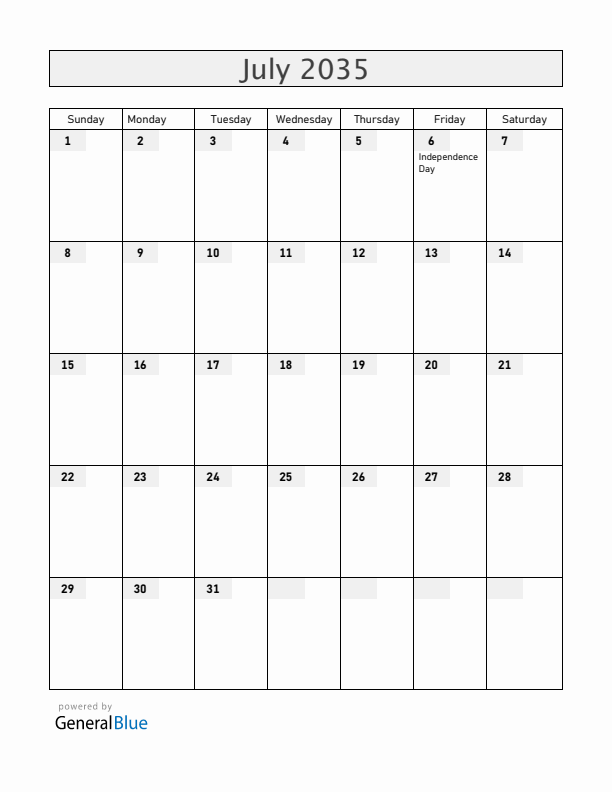 Malawi July 2035 Calendar with Holidays