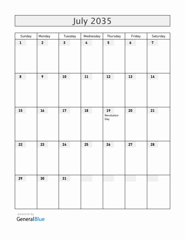 Nicaragua July 2035 Calendar with Holidays