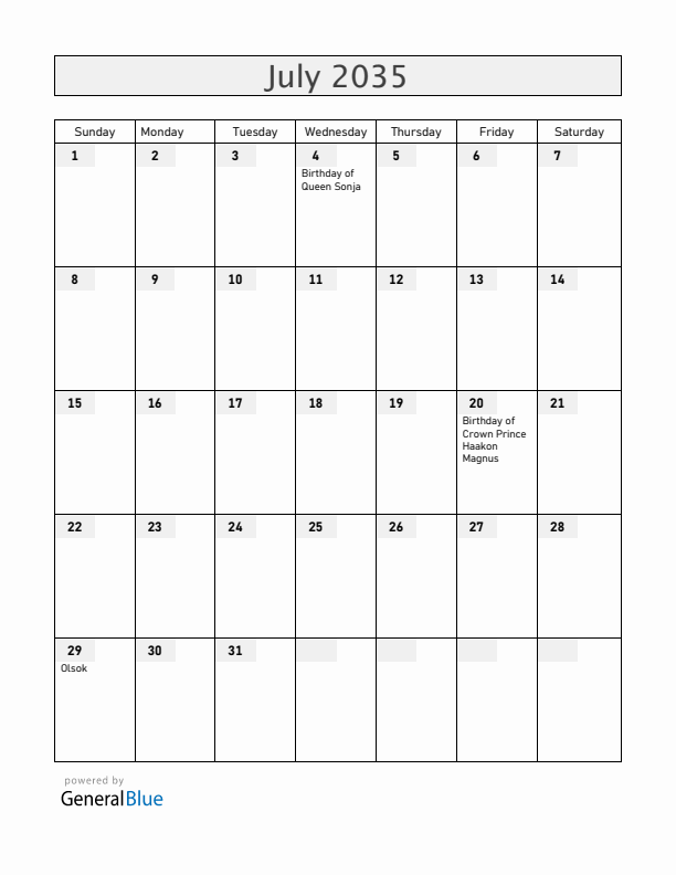 Norway July 2035 Calendar with Holidays