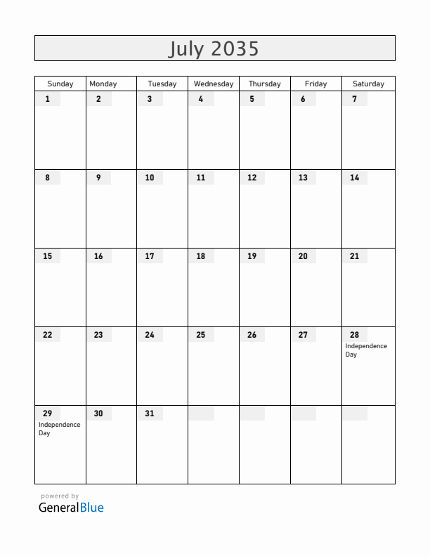Peru July 2035 Calendar with Holidays