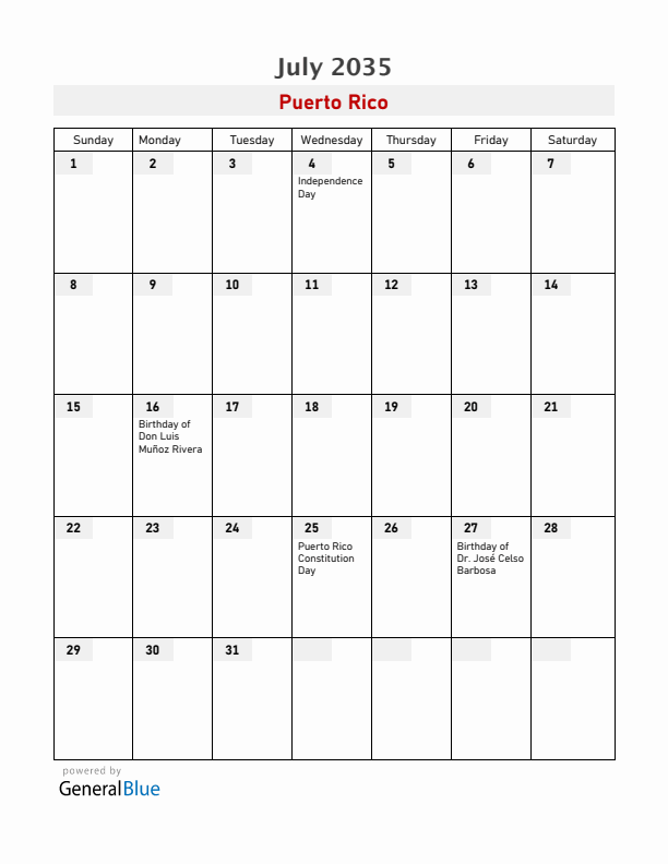 Puerto Rico July 2035 Calendar with Holidays