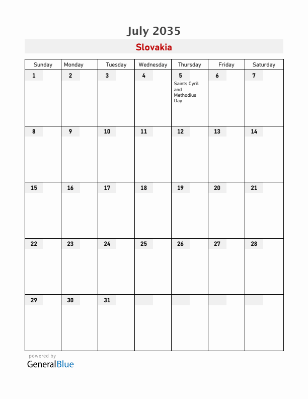 Slovakia July 2035 Calendar with Holidays
