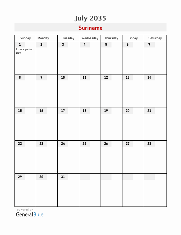 Suriname July 2035 Calendar with Holidays
