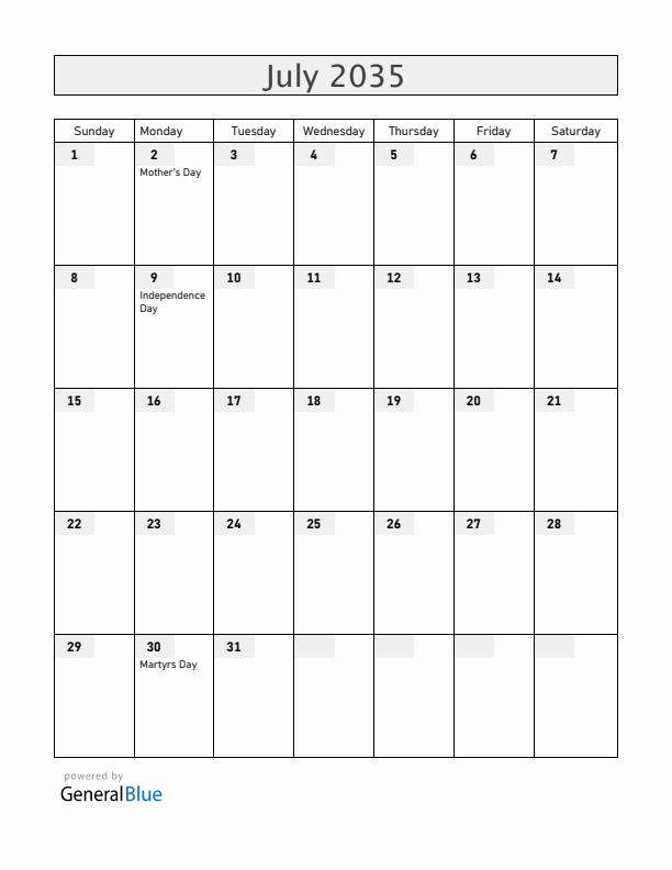 South Sudan July 2035 Calendar with Holidays
