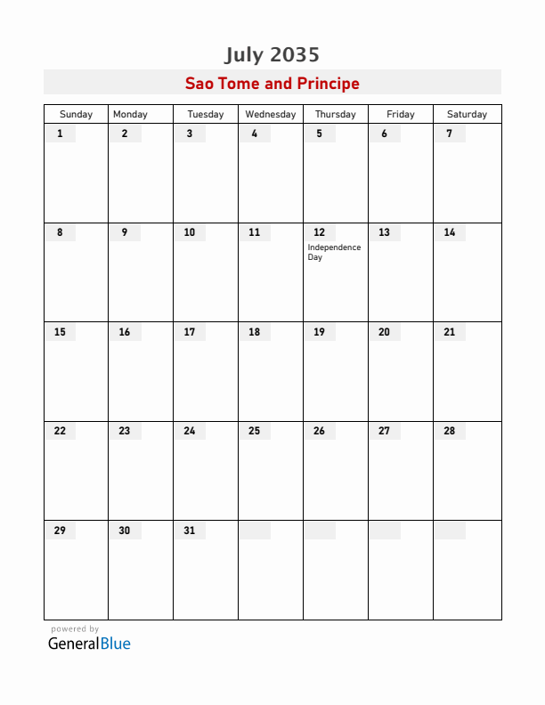 Sao Tome and Principe July 2035 Calendar with Holidays