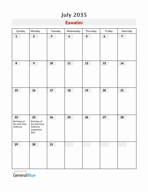 Eswatini July 2035 Calendar with Holidays