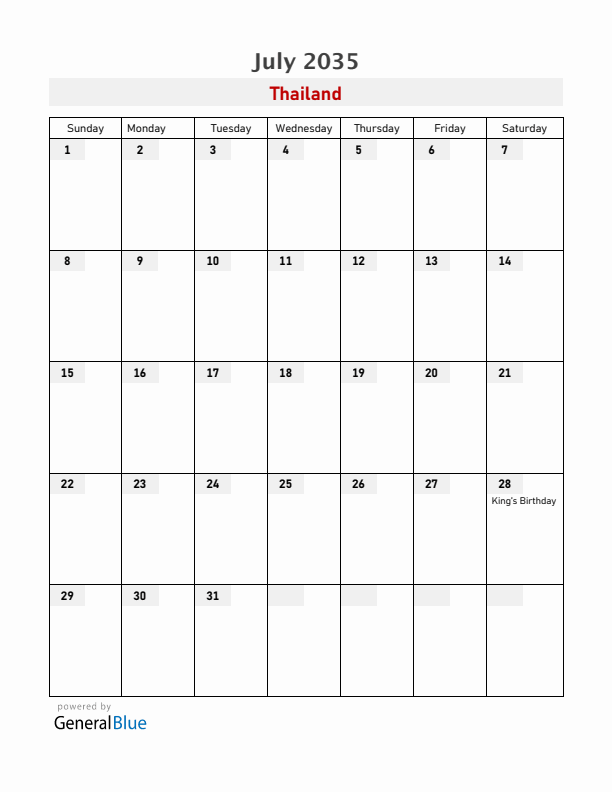 Thailand July 2035 Calendar with Holidays