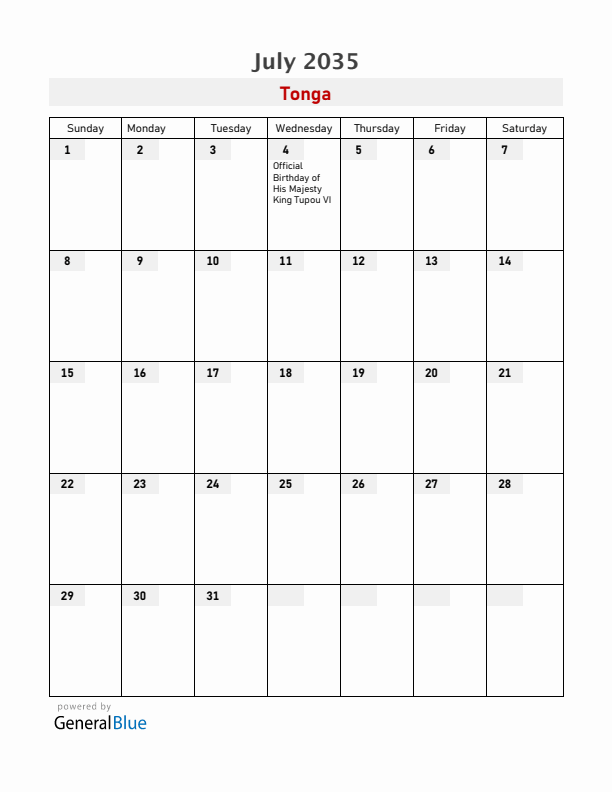 Tonga July 2035 Calendar with Holidays