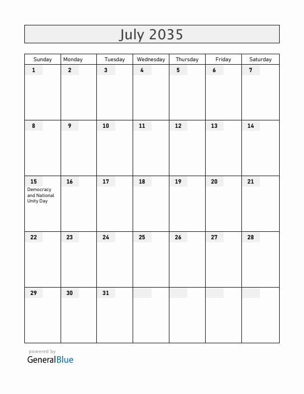 Turkey July 2035 Calendar with Holidays