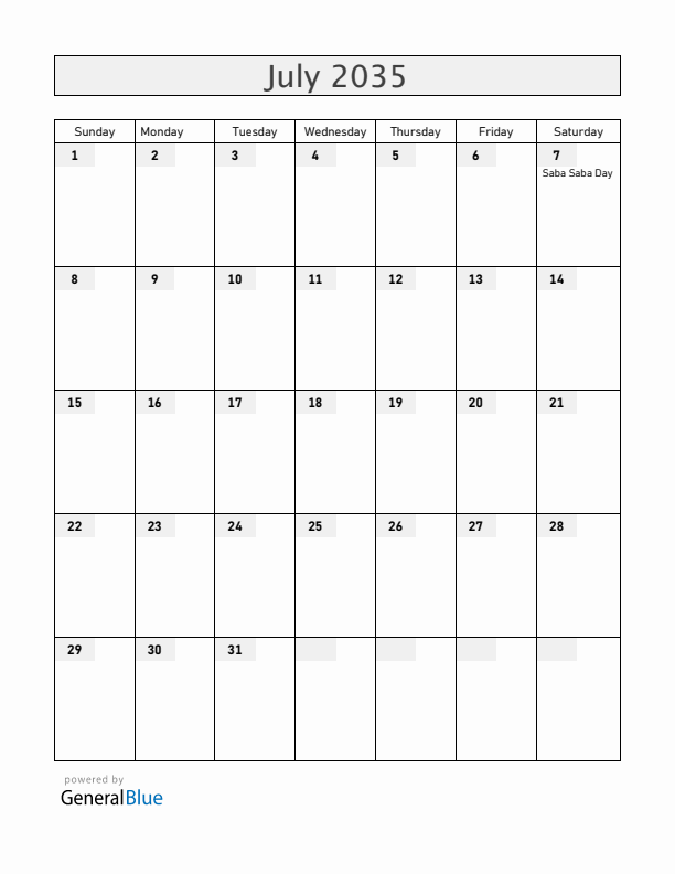 Tanzania July 2035 Calendar with Holidays